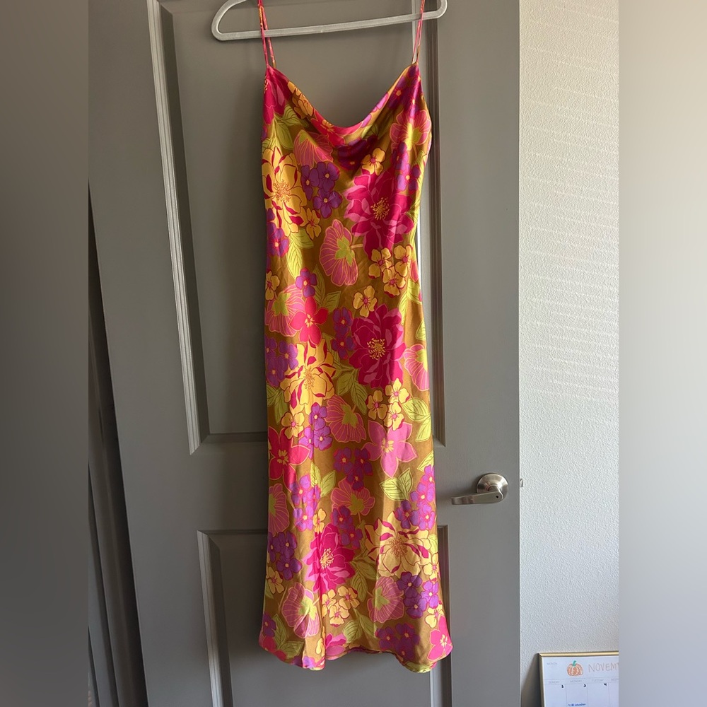 Lush Pink & Yellow Floral Slip Midi Dress